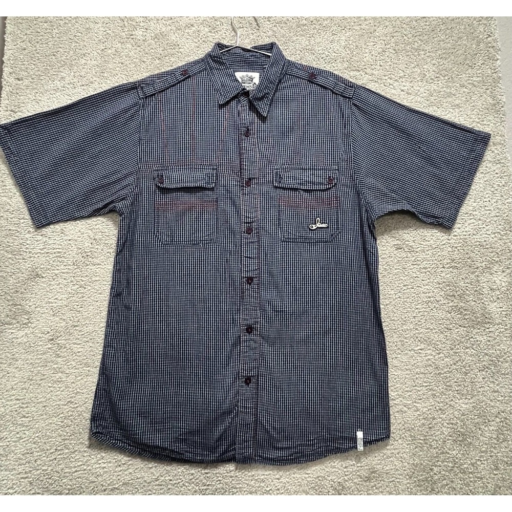 Akdmks Shirt Men's XL Navy Blue White Lined Check Button Up Collar Pocket Cotton